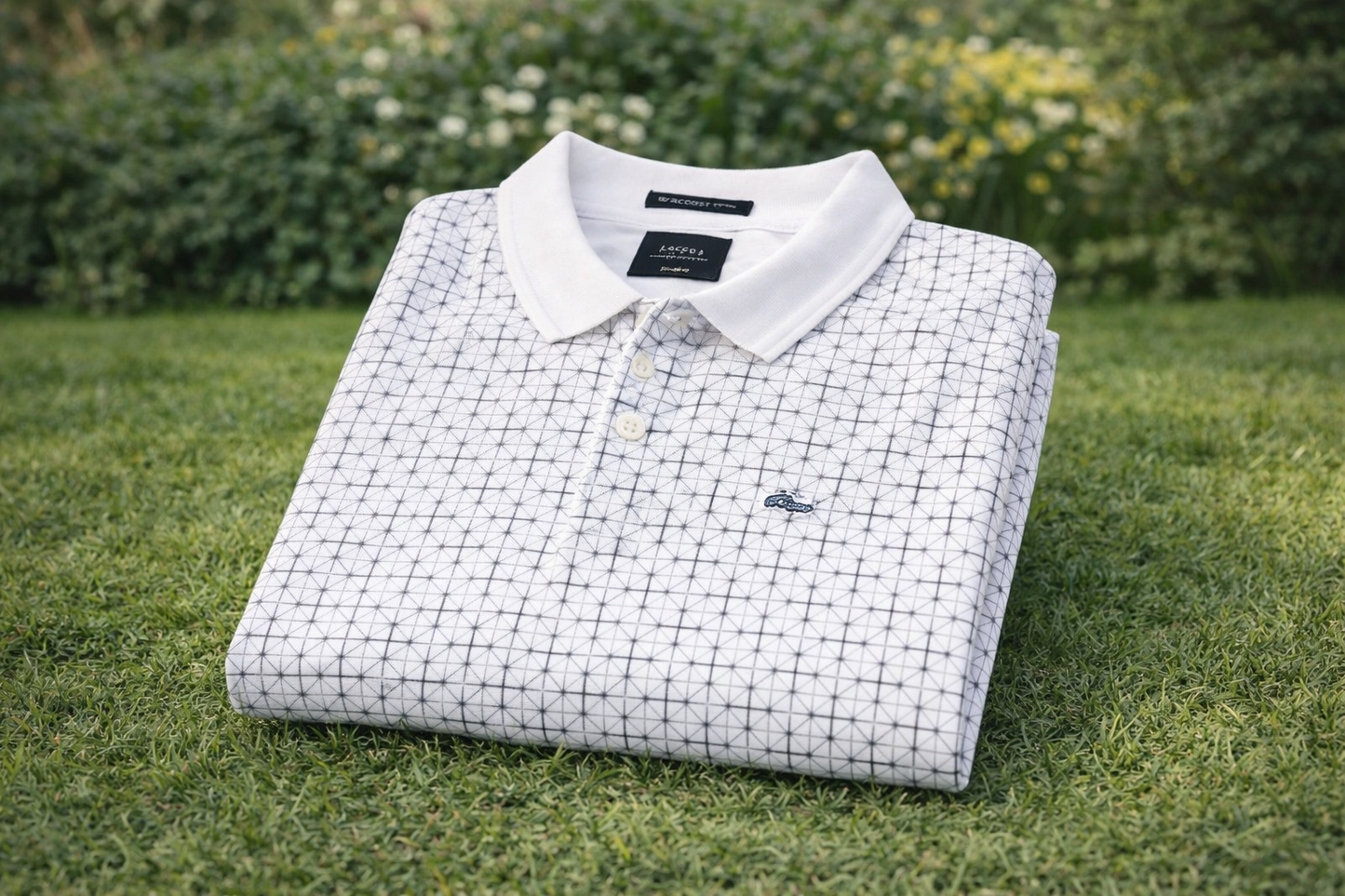 Men's geometric print polo shirt Australia front view with modern smart casual design.