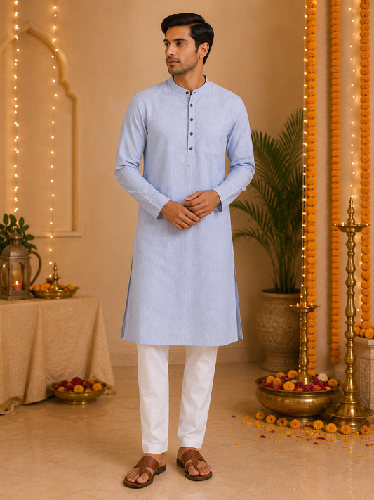 Blue Linen Kurta Set
