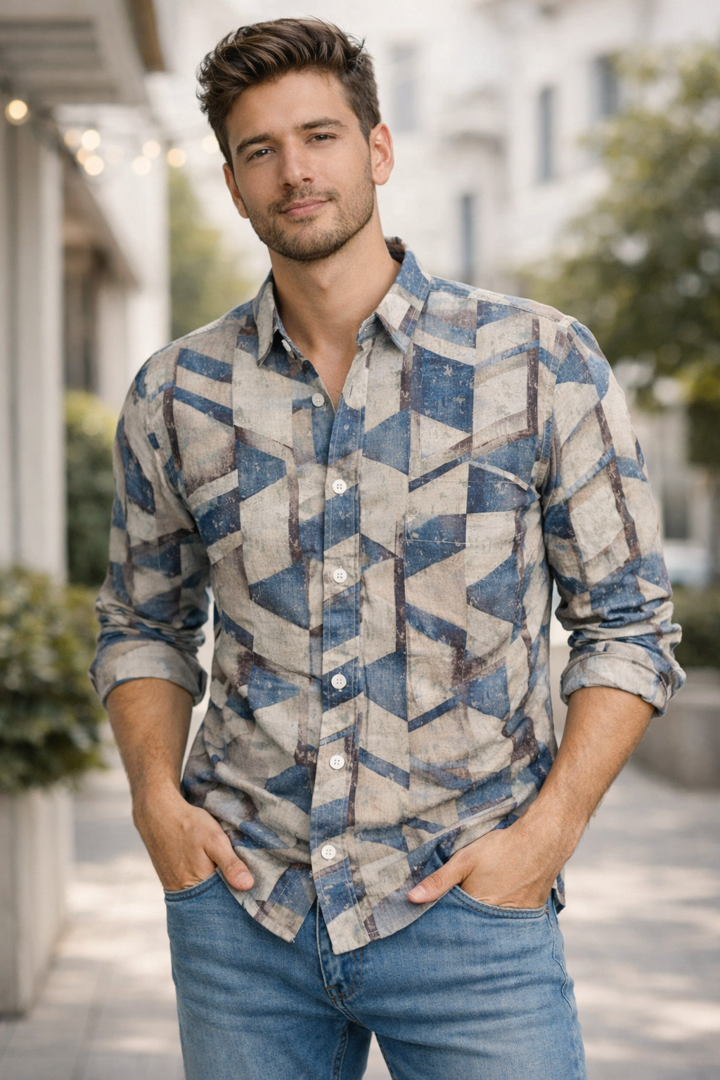 Blue and sand geometrical print