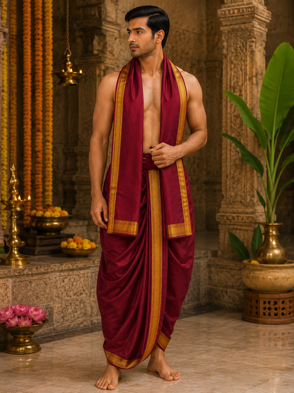 Marron Silk Dhoti & Uperna Set