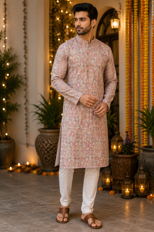 Men's Blush Pink Printed Kurta Set