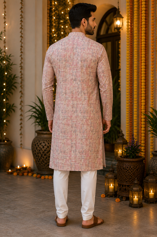Men's Blush Pink Printed Kurta Set