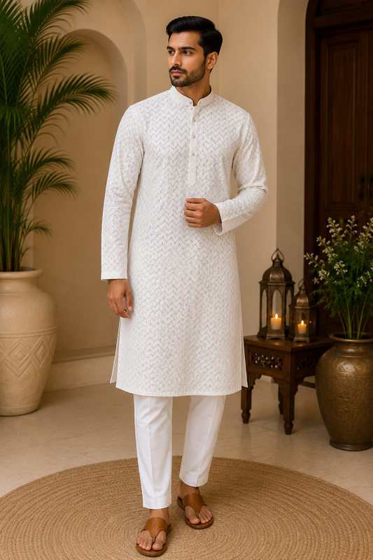Men's Ivory Textured Kurta Set