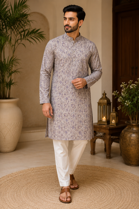 Men's Lavender Paisley Printed Kurta Set