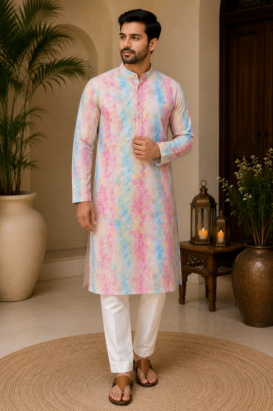 Men's Pastel Abstract Printed Kurta Set
