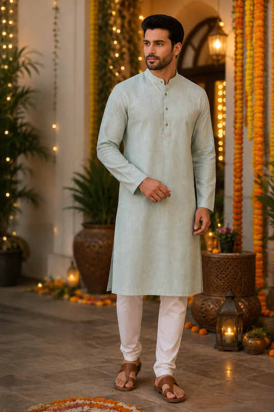Men's Festive Linen Blend Kurta Set – Sage Green
