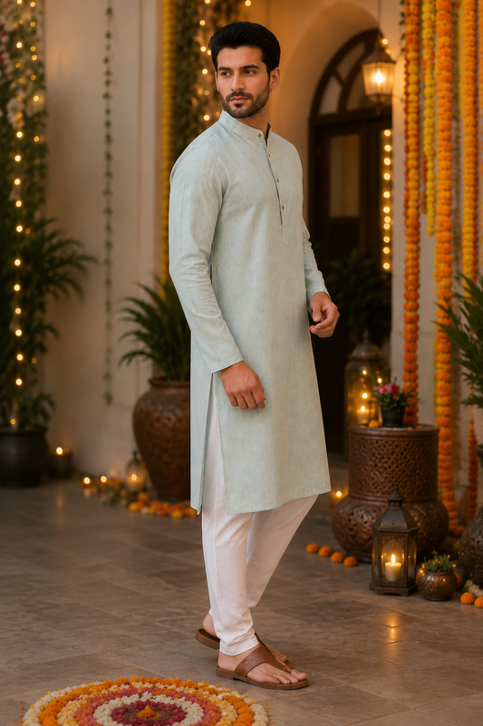 Men's Festive Linen Blend Kurta Set – Sage Green