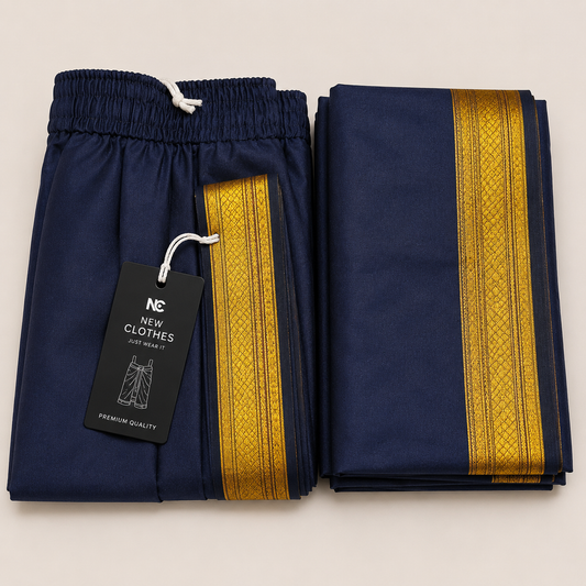 Navy Blue Silk Dhoti & Uperna Set