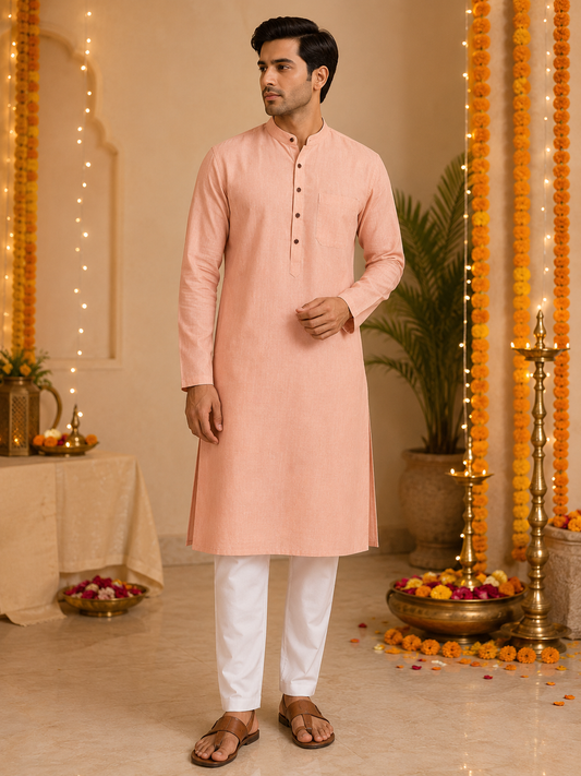 Peach Linen Kurta Pajama Set for Men