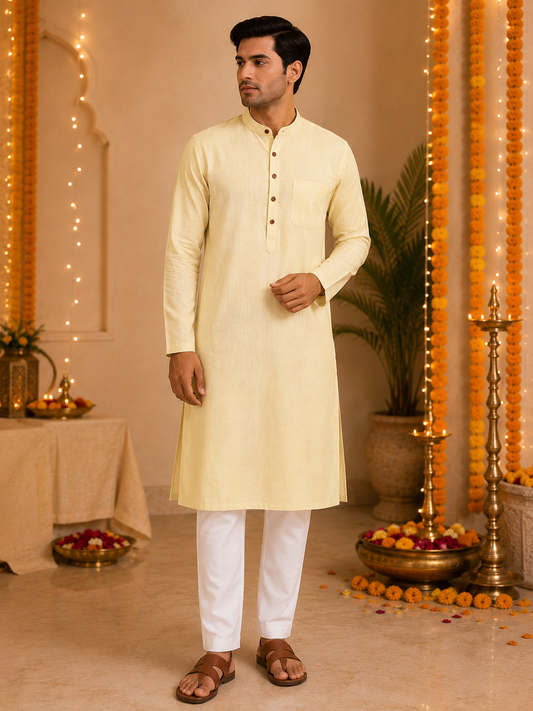 Yellow Linen Kurta Pajama Set for Men
