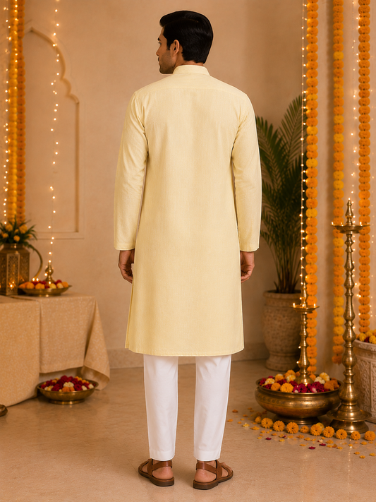 Yellow Linen Kurta Pajama Set for Men