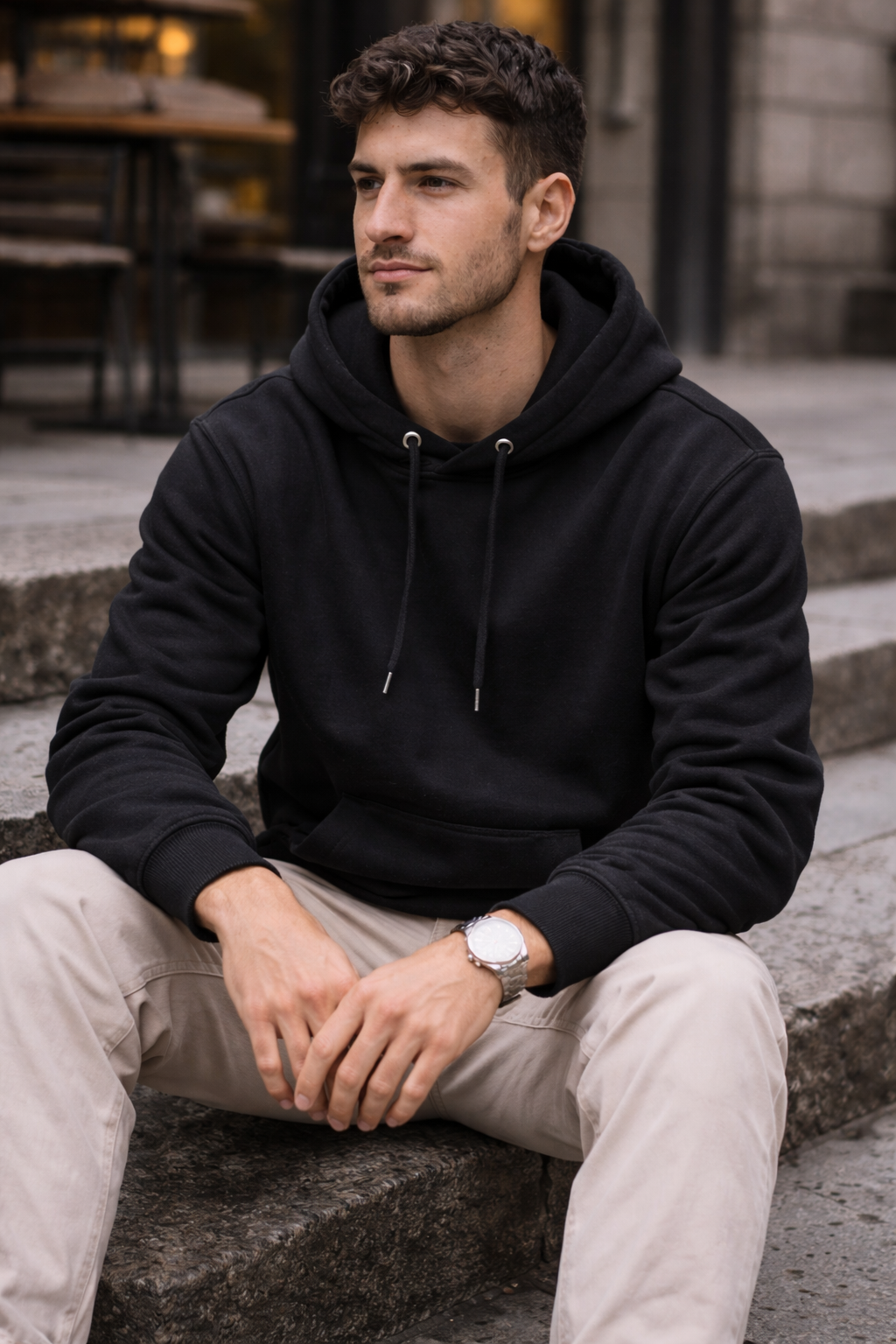 Side view of men's premium black hoodie suitable for winter wear and everyday comfort in Australia.