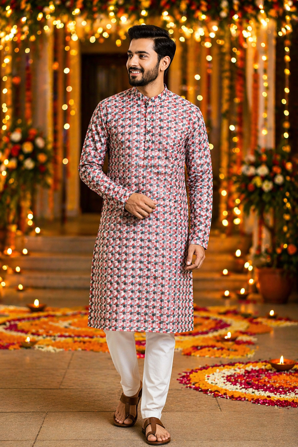 Indian men's printed ethnic kurta with pajama for Diwali, weddings and festive occasions in Australia.