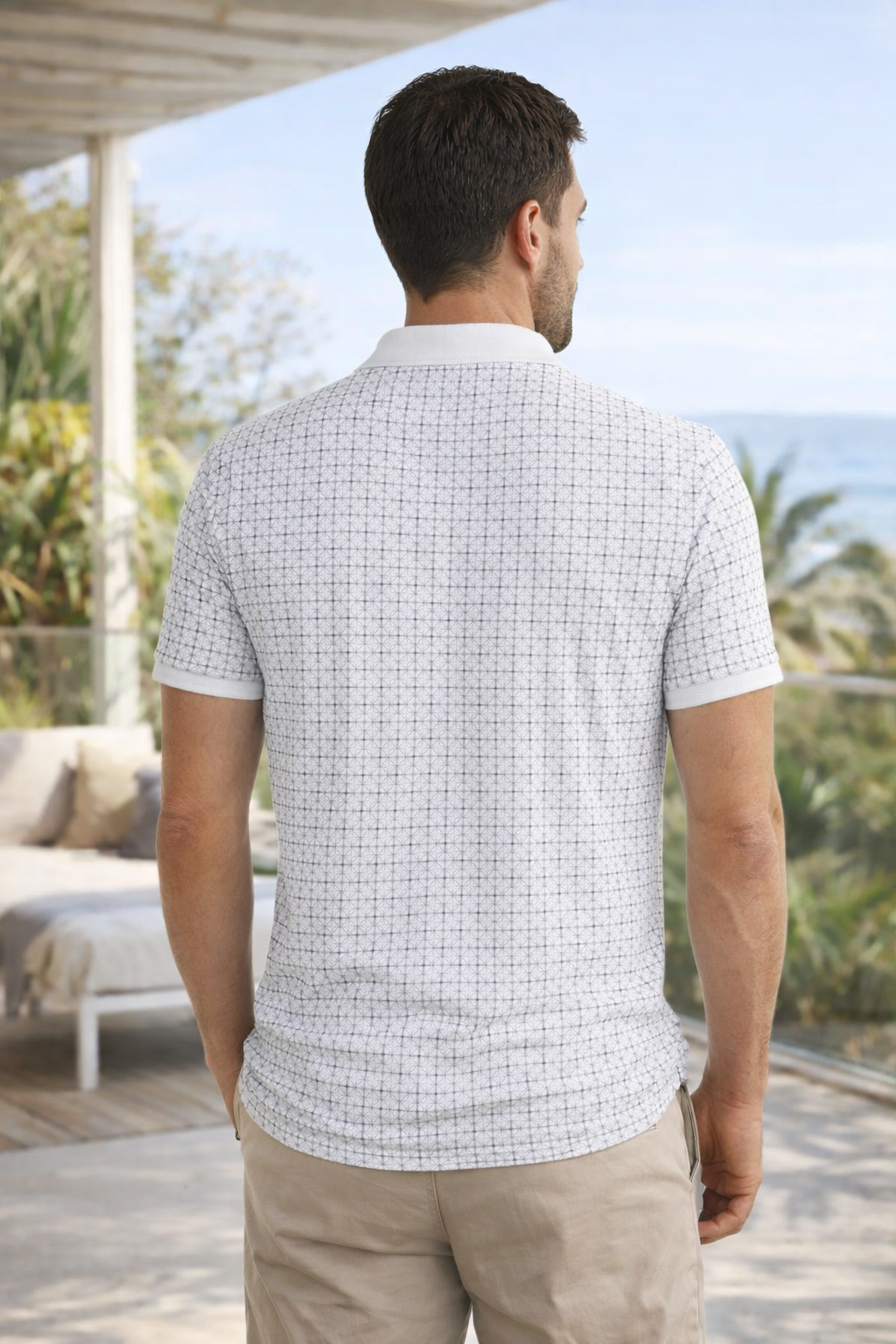 Back view of men's geometric pattern polo shirt suitable for casual and smart casual occasions.
