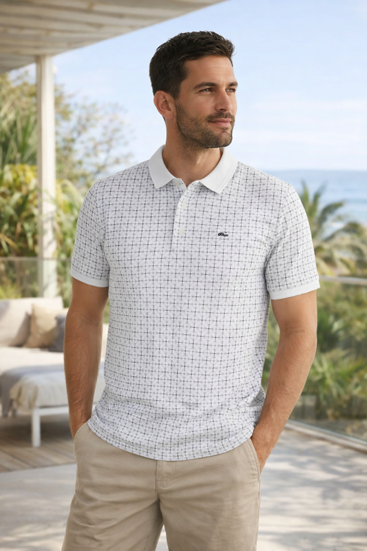 Men's geometric print polo shirt Australia front view with modern smart casual design.