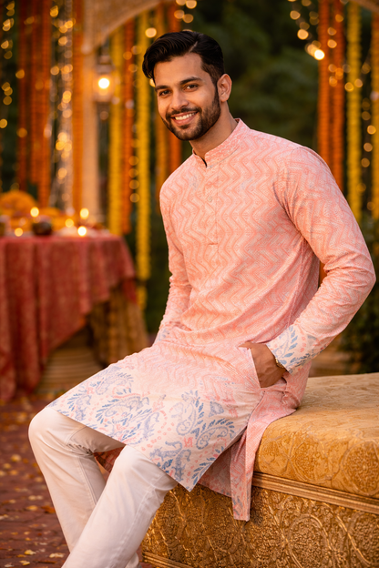 Side view of men's peach festive kurta set suitable for Diwali and wedding celebrations.