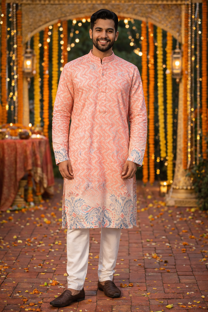 Men's peach printed kurta set with traditional Indian ethnic design for festive occasions in Australia.