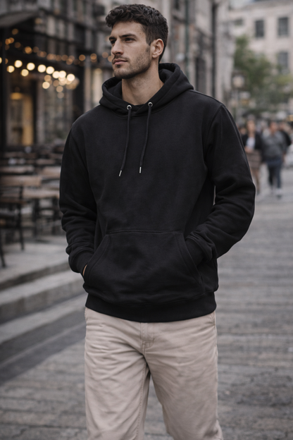 Men's premium black hoodie Australia front view with comfortable fit and modern casual style.