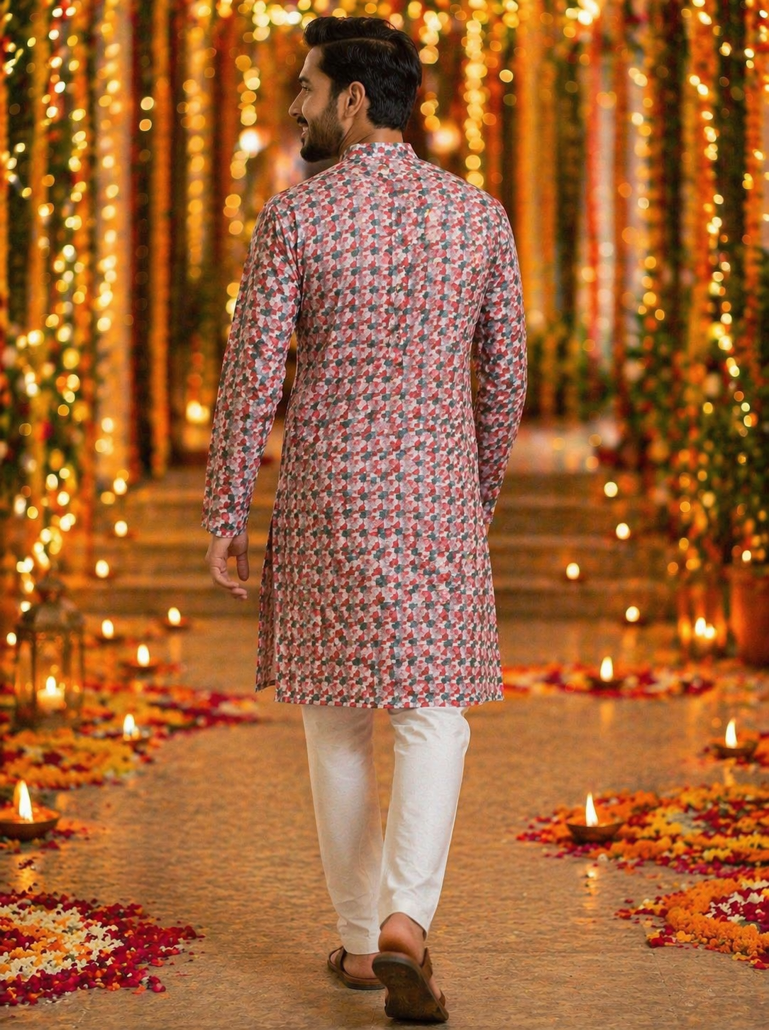 Men's printed festive kurta set in Australia featuring traditional ethnic design and white pajama, back view.