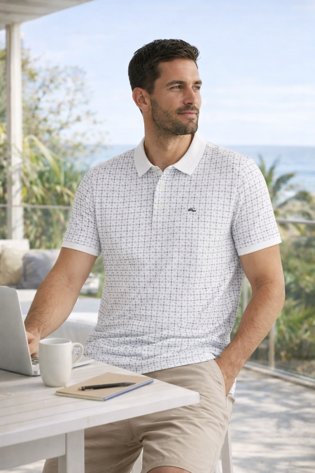 Premium men's polo shirt with geometric print for everyday smart casual wear in Australia.