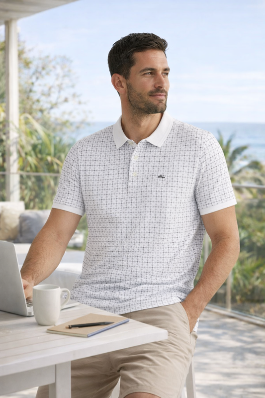 Premium men's polo shirt with geometric print for everyday smart casual wear in Australia.