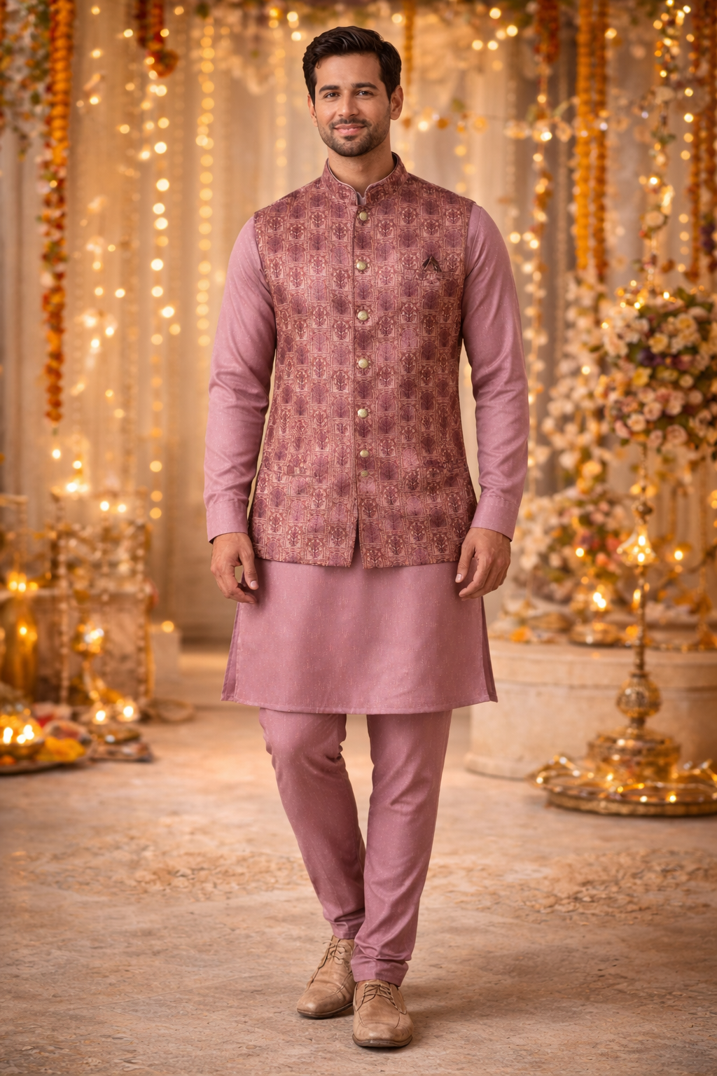 Men's three-piece ethnic kurta set Australia front view for weddings and festive occasions.