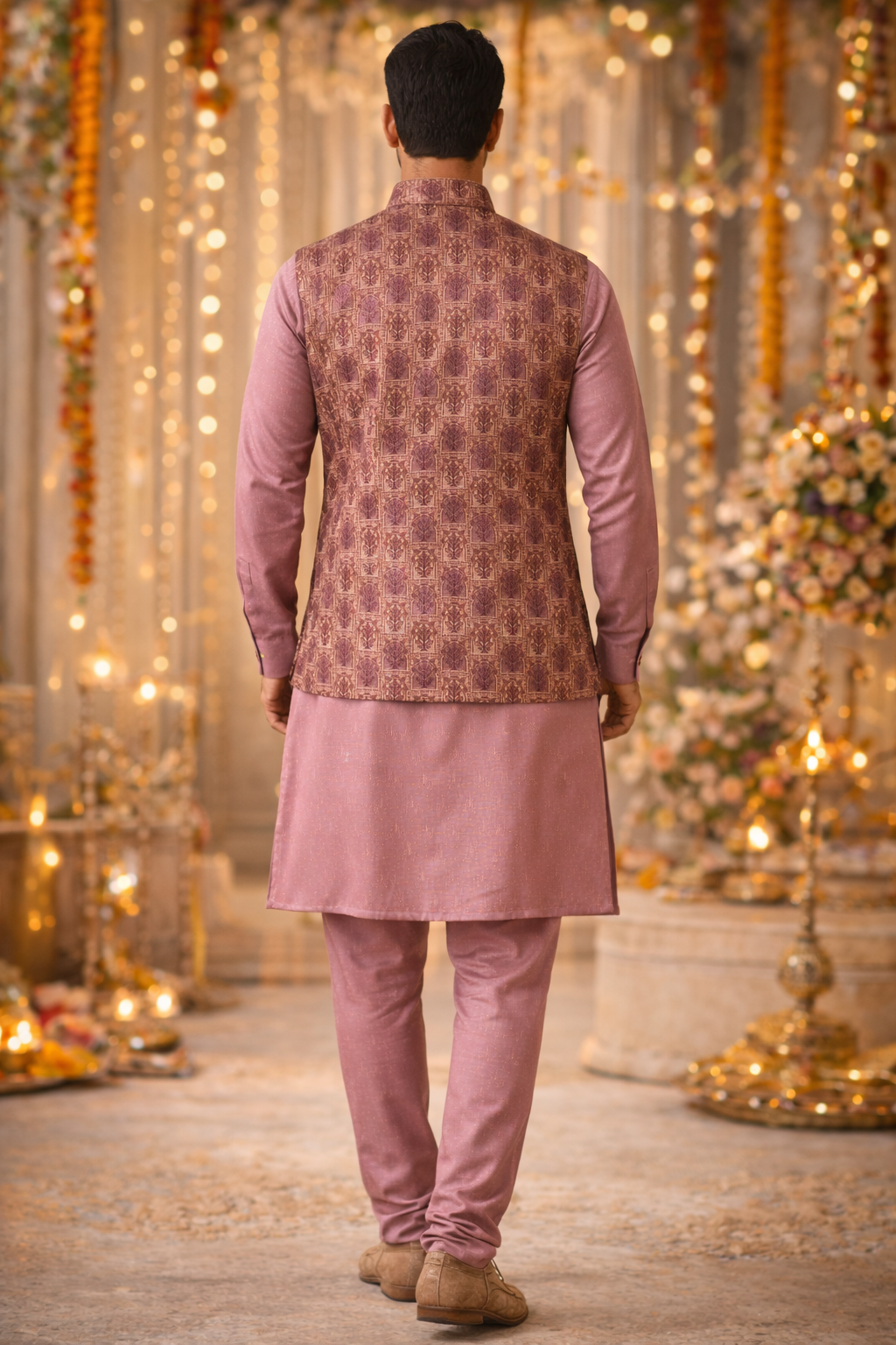 Back view of men's three-piece kurta set with traditional Indian ethnic wear design.