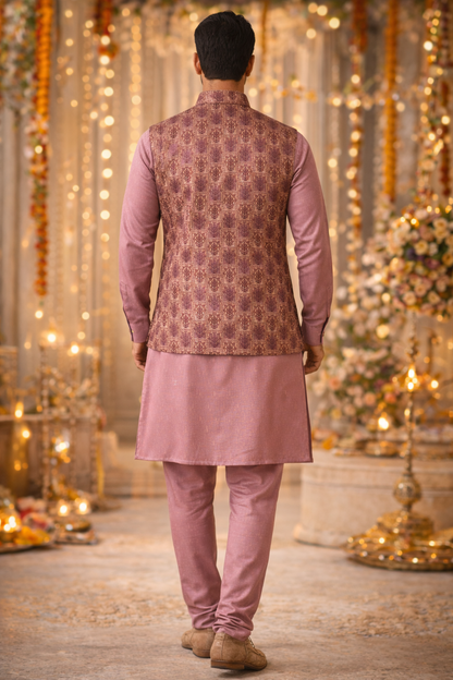 Back view of men's three-piece kurta set with traditional Indian ethnic wear design.