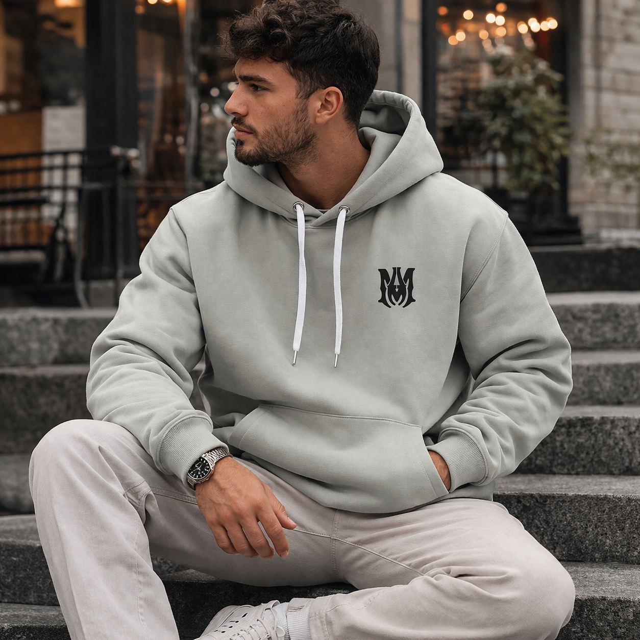 Side view of men's urban streetwear hoodie suitable for casual wear and winter layering in Australia.
