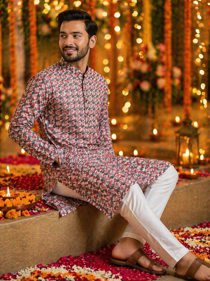 Men's floral printed kurta set for weddings, cultural celebrations and festive events, rear view.