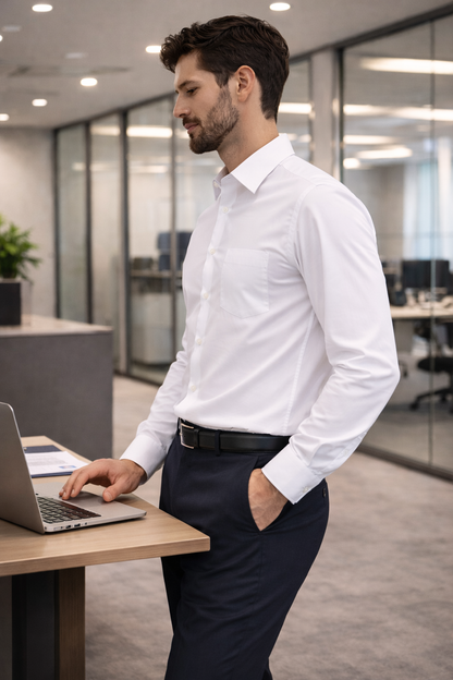 Side view of men's white cotton business casual shirt suitable for office and everyday wear in Australia.