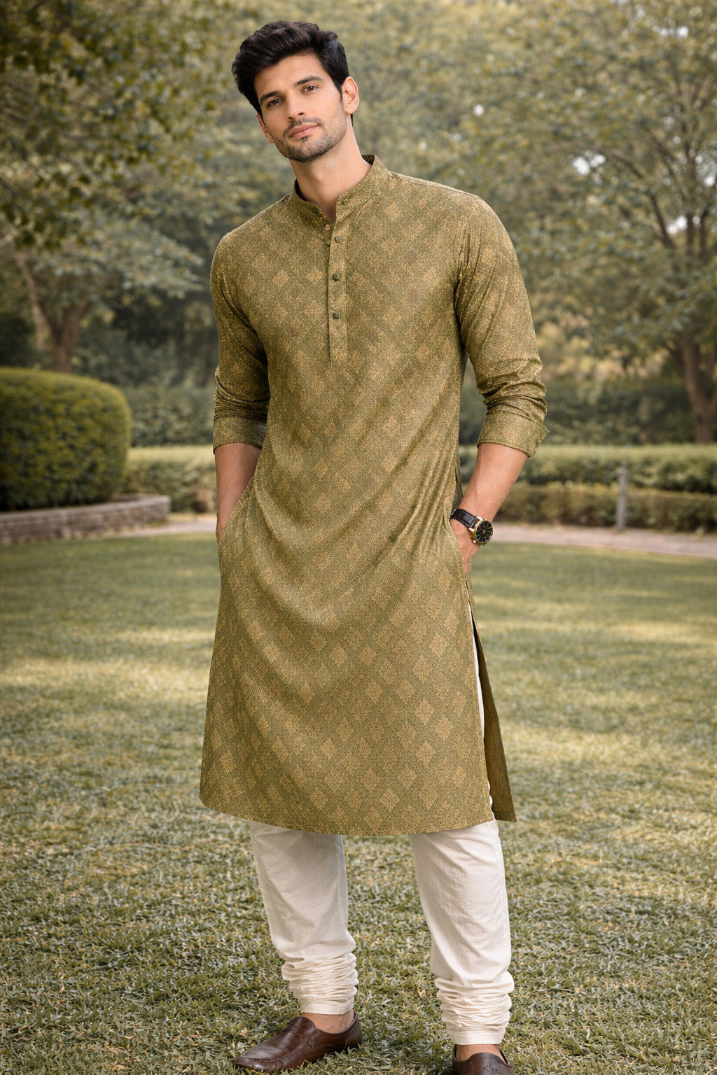 Jacquard Green Festive Wear Kurta Set