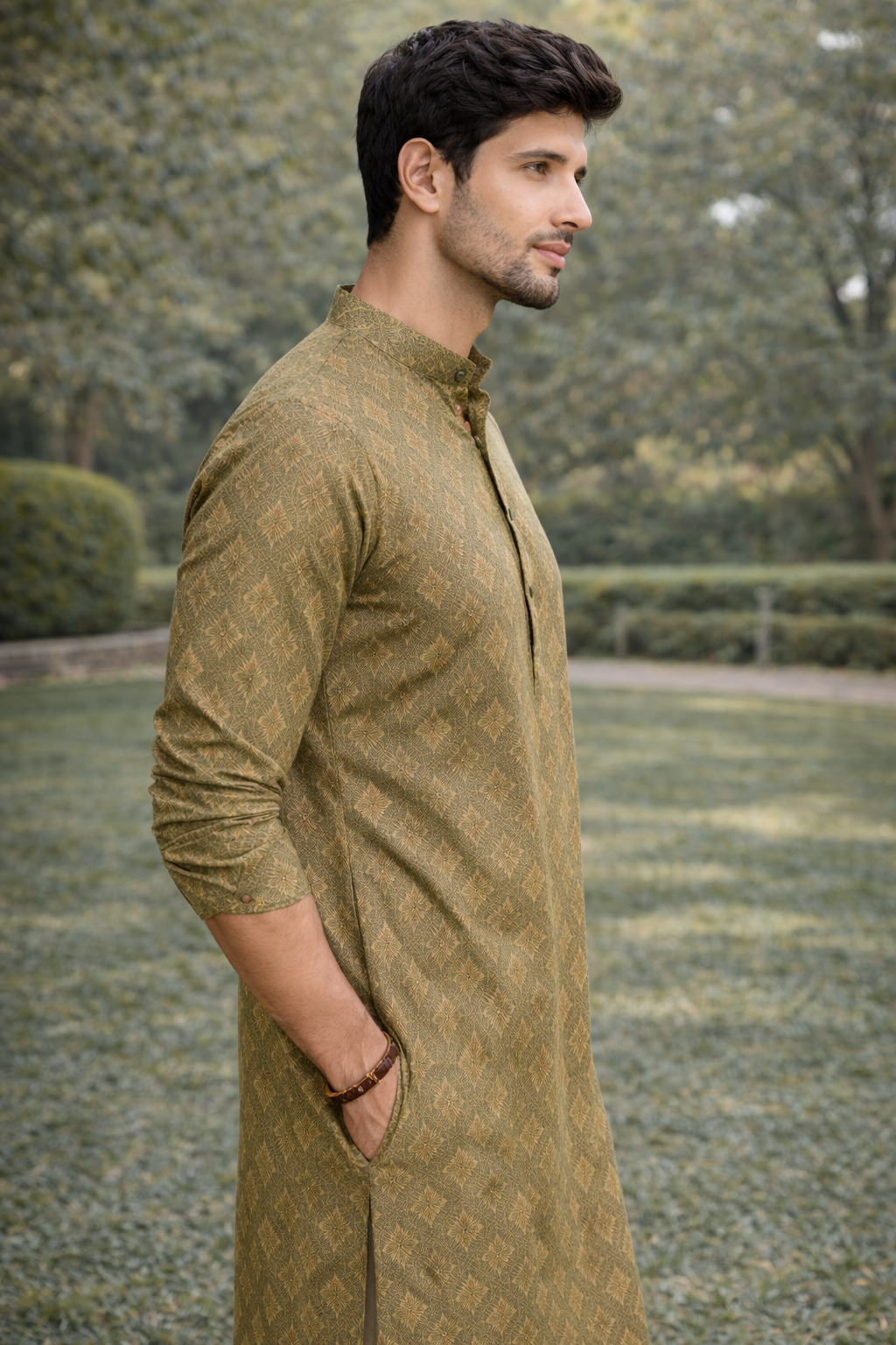 Jacquard Green Festive Wear Kurta Set
