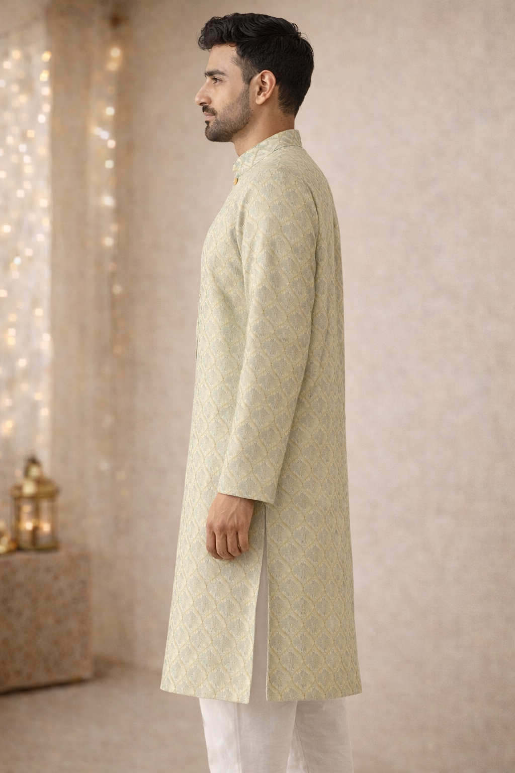 Green Coloured Golden Ends Woven Kurta Set