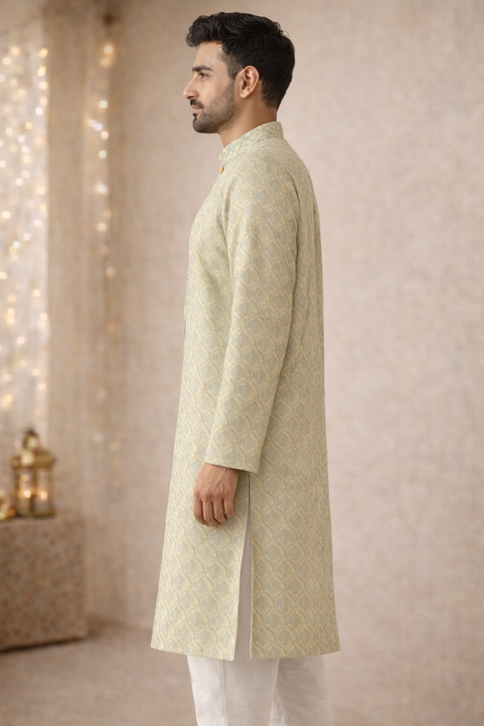 Green Coloured Golden Ends Woven Kurta Set