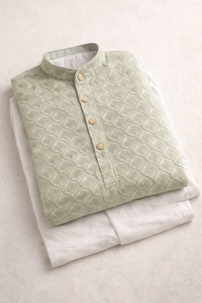 Green Coloured Golden Ends Woven Kurta Set