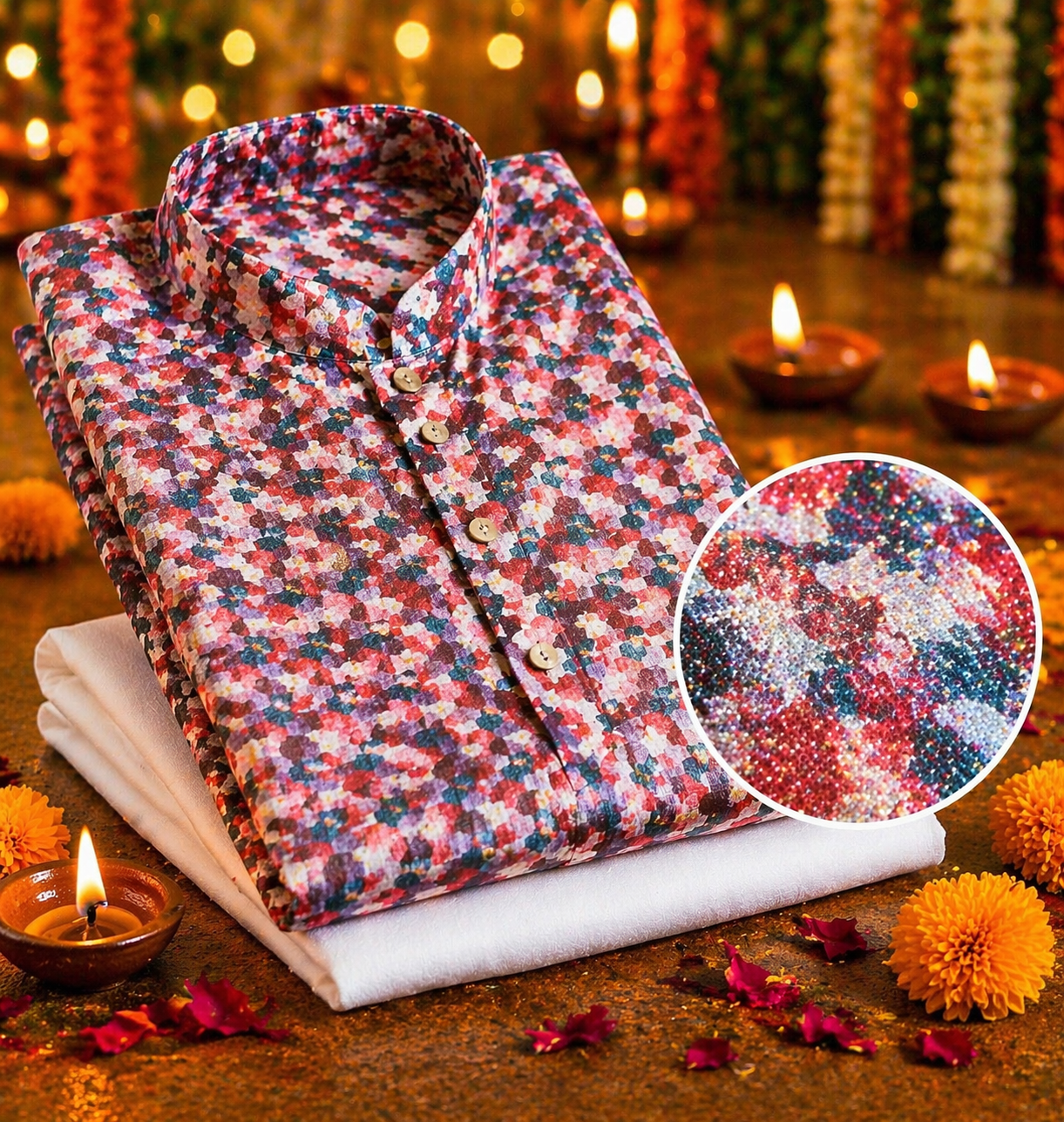 Traditional men's kurta pajama set with all-over floral print, ideal for Diwali celebrations and Indian weddings in Australia.