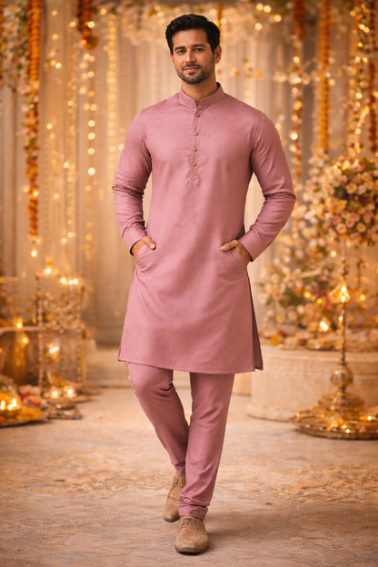 Detailed view of men's wedding kurta set showcasing premium fabric and traditional craftsmanship.