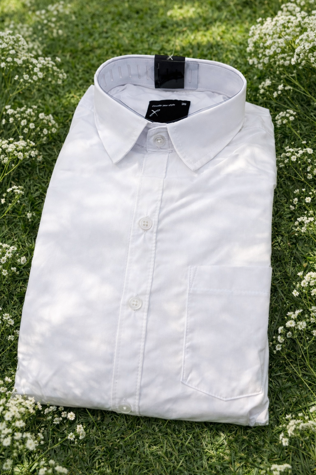 Folded white shirt on a grassy background with small flowers